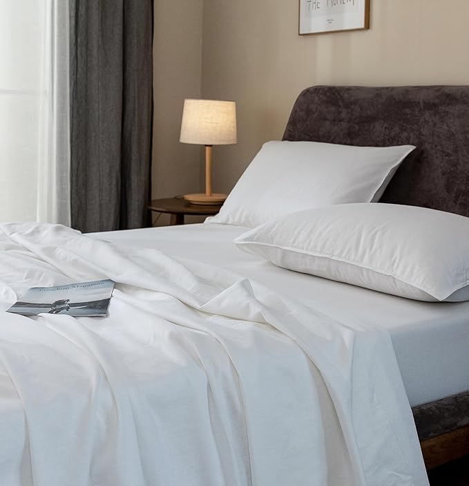 EVERLY Linen Sheets Set Full Size,100% French Stonewash Pure Linen Bed Sheets,4Pieces (1Flat Sheet,1Fitted Sheet,2Pillowcase) Suitable for Hot Sleepers,Deep Pocket Natural Bedding Set-White