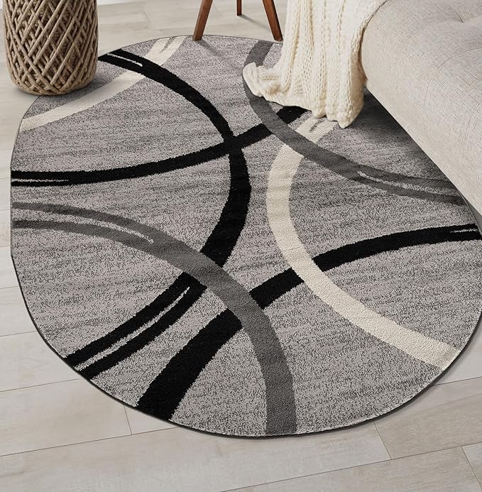 Rugshop Wavy Circles Design Oval Rug, Non-Shedding Carpet for Living Room, Dining Room, or Bedroom, Gray, 5' x 7' Oval