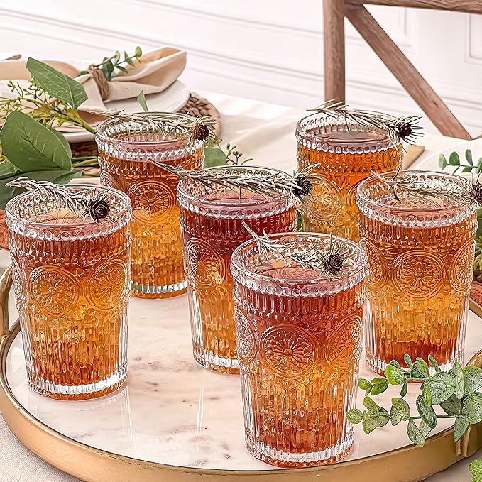 Kate Aspen Vintage Textured Clear Striped Drinking Glasses Set of 6, (13 oz) Ribbed Glassware with Flower Design | Cocktail Set, Glass Cups, Iced Coffee Cup (Pack of 4)