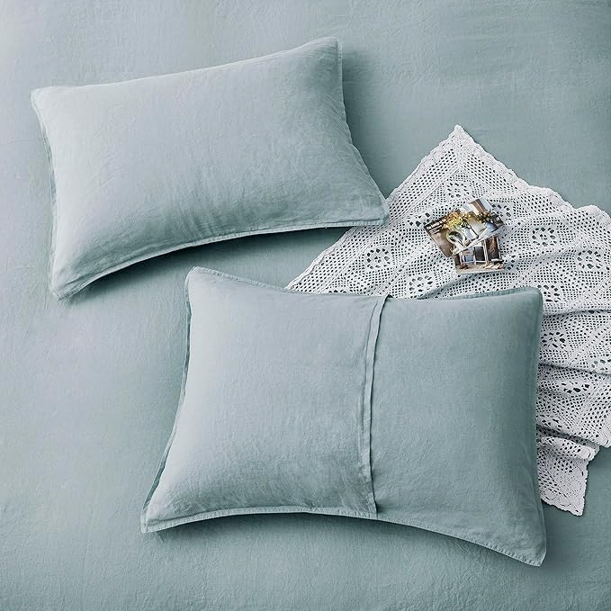 ATLINIA 100% Flax Linen Duvet Cover Set - Stone Washed Pure French Linen Organic Fabric for Farmhouse Comforter Boho Bedding Included 1 Duvet Cover 2 Pillow Shams(Dusty Blue, Queen)