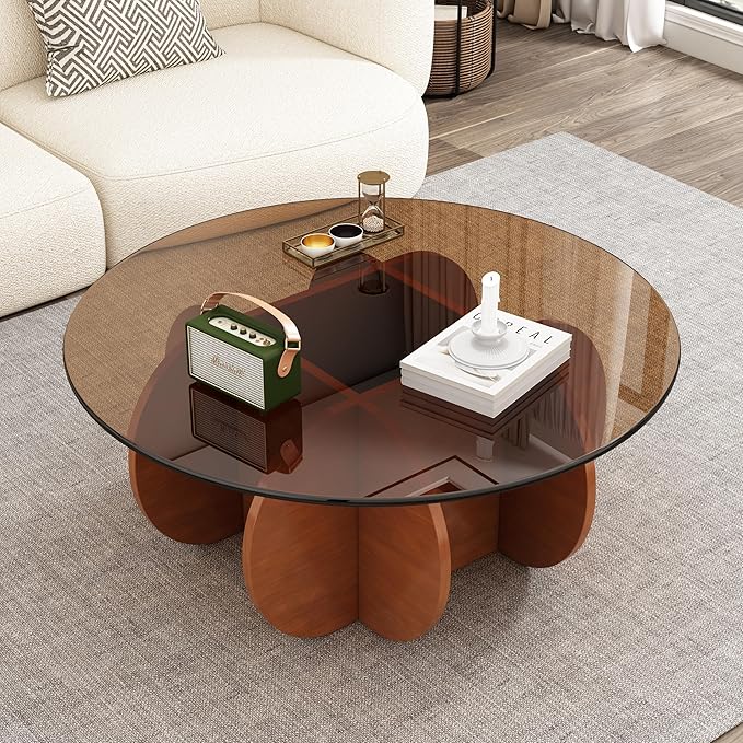 31.5'' Round Glass Coffee Table, Mid Century Modern Cocktail Table with Tempered Glass Top, Sturdy Wood-Inspired Base for Living Room, Small Spaces, Home Office – Easy Assembly (Brown + Brown)