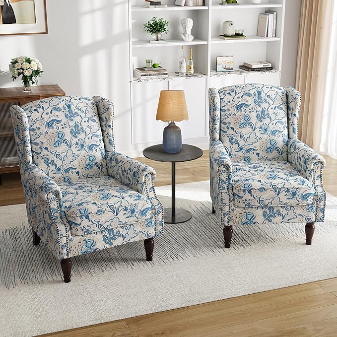Pia Ricco High Back Floral Accent Chair - Retro Wingback Upholstered Armchair with Nailhead Trim, Solid Wood Legs, Fabric Living Room Bedroom Reading Chair (Flower Blue)