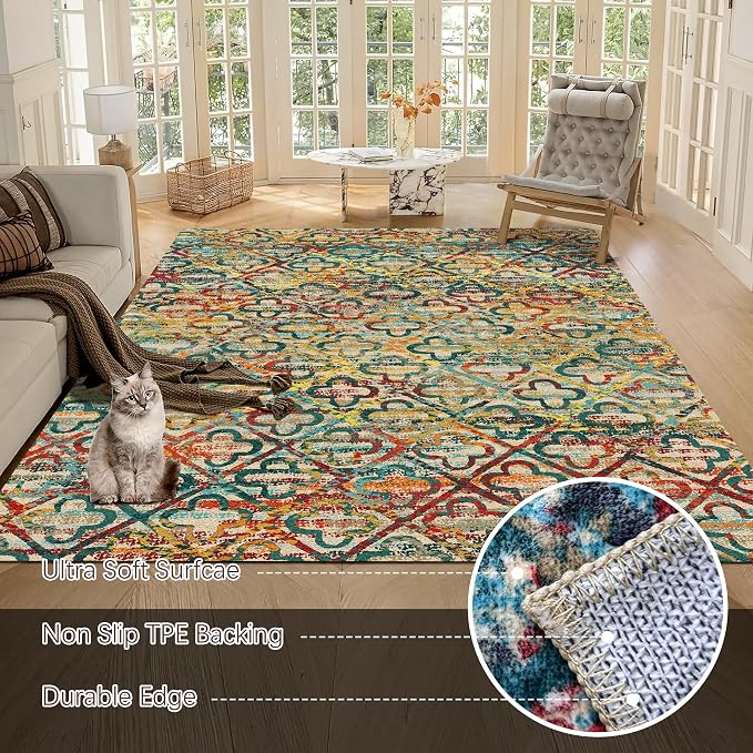 RUGSURE Washable Area Rugs, 5' x 7' - 1/6 Thick - Stain & Water Resistant Non-Slip - Perfect Resistant Rug for Living Room, Bedroom, Nursery, Pet & Child Friendly, Vibrant Colors Rugs, Multicolor