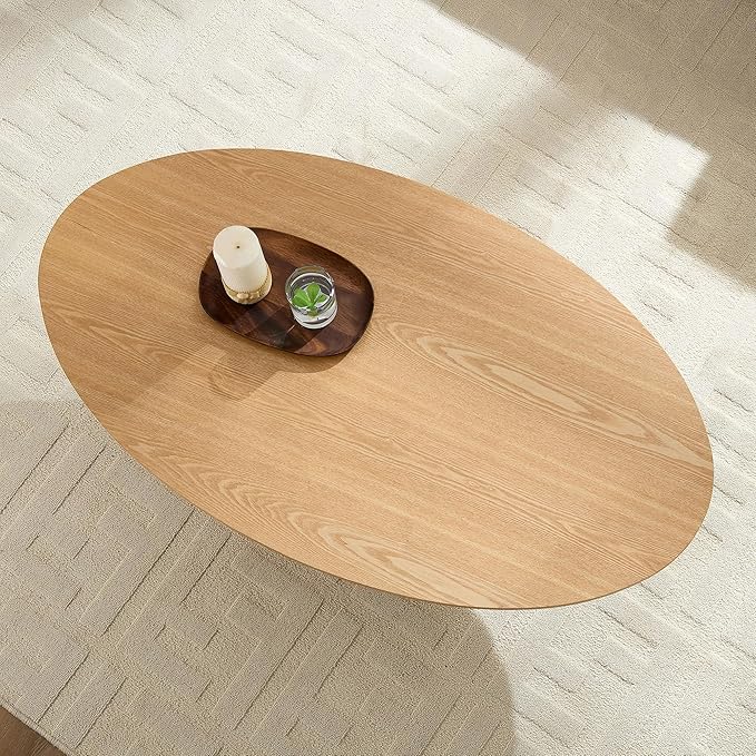 47.24" Oval Coffee Table Modern Handcraft Drum Center Table with Sturdy Pedestal for Living Room Apartment, Oak