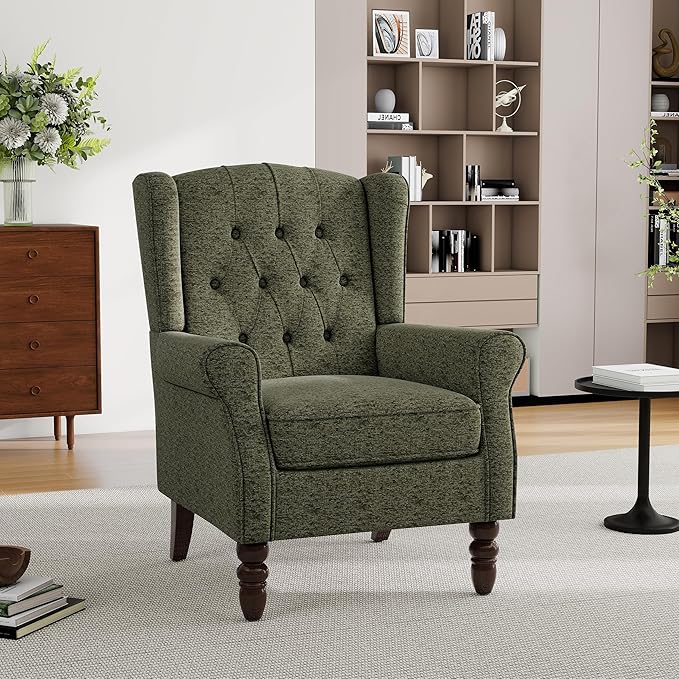 Mid-Century Modern 2-Piece Wingback Chair Set - Plush Upholstered Accent Chairs with Solid Wood Legs, High Back Lounge Seating for Living Room, Bedroom & Office - Retro Matched Pair (Dark Green)