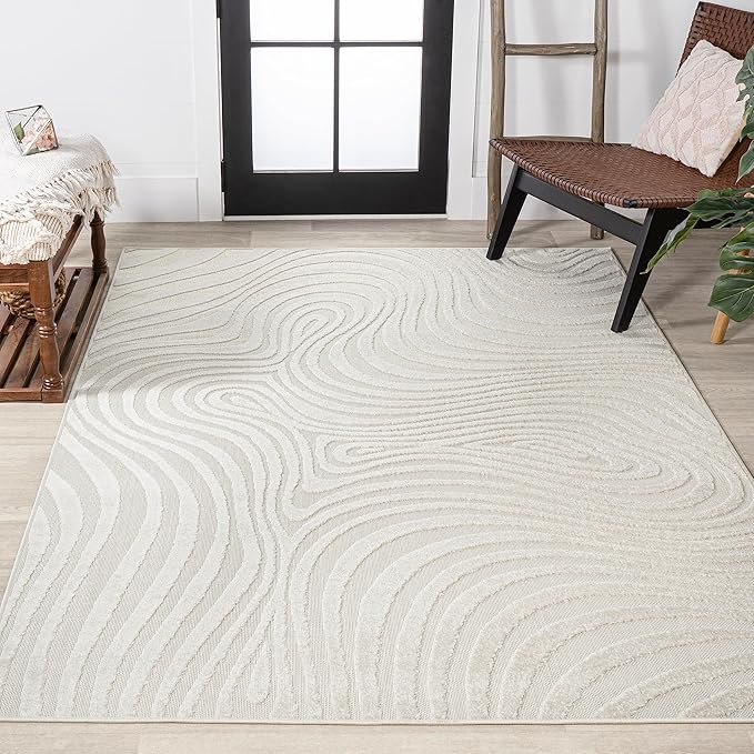 JONATHAN Y Maribo High-Low Abstract Striped Cream/Ivory 10x13 Indoor/Outdoor Area Rug, Pet Friendly, Non-Shedding, Stain Resistant, Easy-Cleaning for Backyard, Patio (SCN103A-13)