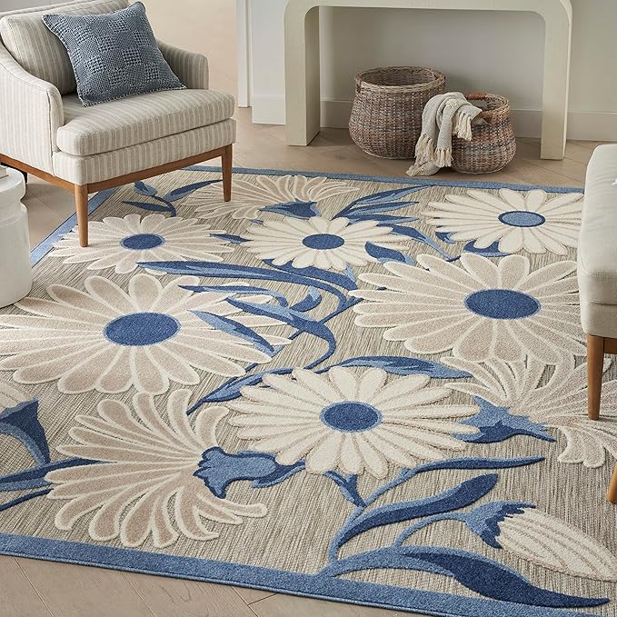 Nourison Home Aloha Blue Grey 5'3" x 7'5" Area Rug - Easy Clean, Non Shedding, Bed Room, Living Room, Dining Room, Kitchen (5' x 8')