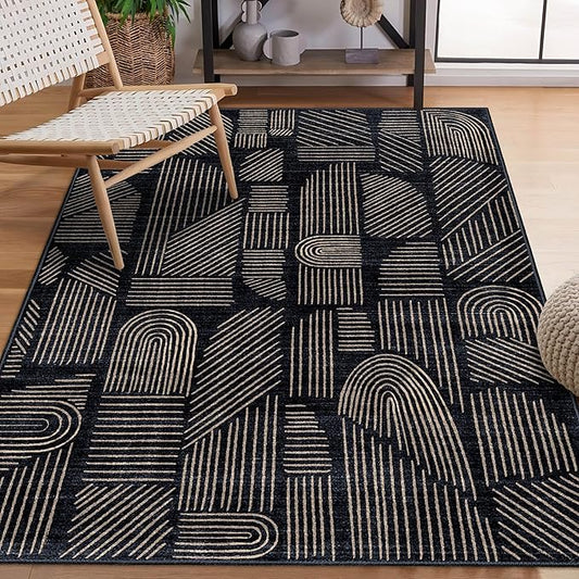 MUJOO 3x5 Washable Rug,Mid Century Modern Abstract Non Slip Low Pile Area Rug,Black and Gold Rug for Living Room Bedroom Entryway