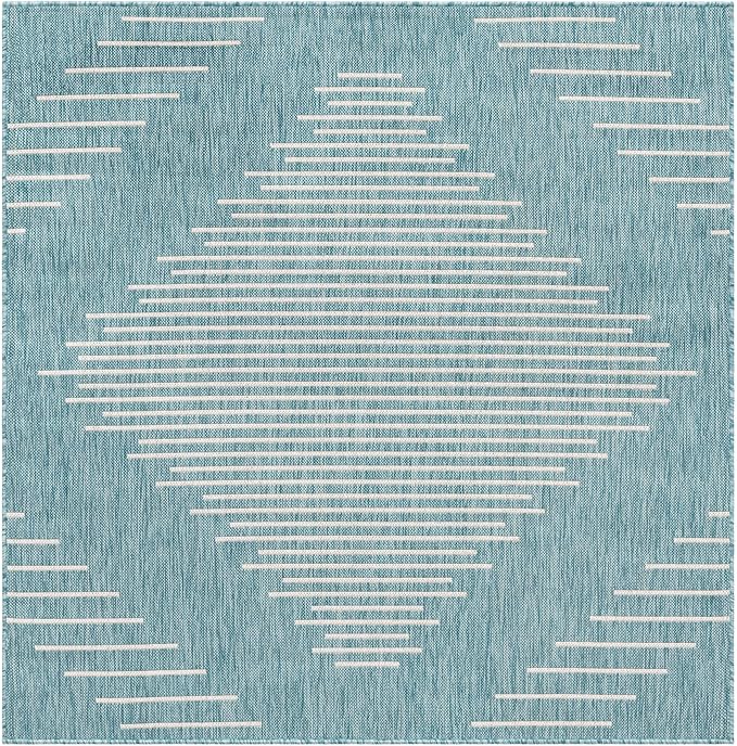 Rugs.com Outdoor Modern Collection Rug – 5' 3 Square Light Aqua Flatweave Rug Perfect for Living Rooms, Kitchens, Entryways