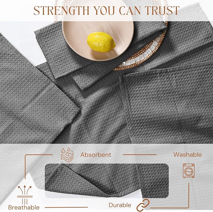 Gray Kitchen Towels – Waffle Weave, 100% Cotton, Soft & Absorbent, Fast Dry, Durable, 16x26 Inches, Perfect for Dish Drying, Bar, Cleaning, and Everyday Use, Set of 12, Grey