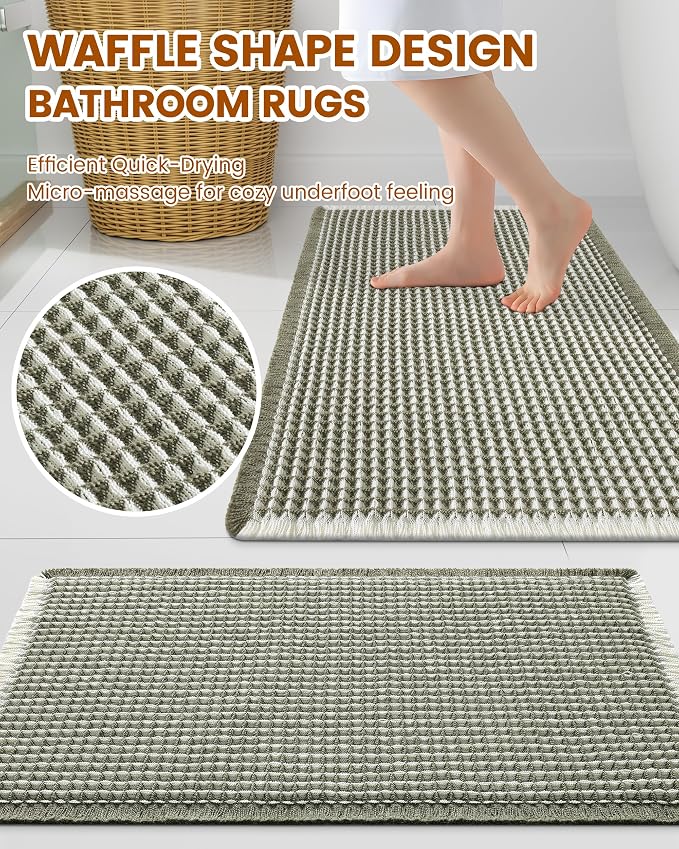Smiry Waffle Bath Mat 30x18, Extra Soft Absorbent Bathroom Rugs, Non Slip Machine Washable Quick Dry Bath Rugs for Bathroom Floor, Tub, Shower, Home Decor Accessories, Green & Cream