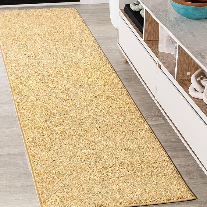 JONATHAN Y Haze Solid Low-Pile Mustard Runner Rug 2x14, Coastal,Bohemian,Minimalist,Classic, Easy-Cleaning for Living Room,Bedroom,Kitchen,Pet Friendly,Non-Shedding (SEU100B-214)