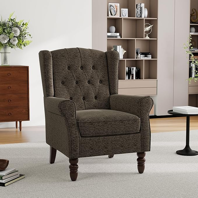 Pia Ricco Mid-Century Modern 2-Piece Wingback Chair Set - Plush Upholstered Accent Chairs with Solid Wood Legs, High Back Lounge Seating for Living Room, Bedroom & Office - Retro Matched Pair (Taupe)