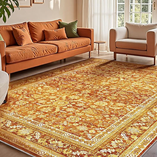 OPPODREAM Vintage Orange Area Rugs 10x14, 10 x 14 Retro Washable Rug Non Slip, Low-Pile Faux Wool Carpet, Distressed Floor Mat for Living Room, Bedroom, Office, Dorm, Dinning Room, Big & Large