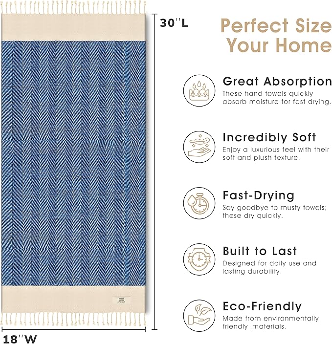 Hand Towels - Set of 2 | 18" x 30" - Decorative Turkish Hand Towel for Bathroom, Kitchen, Guest, Face, Hair, Tea, Dishcloth (Herringbone, Oil Blue)