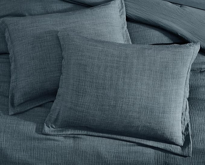 Geniospin Twin Comforter Set - 5 Pieces Comforter Twin Size, Solid Bedding Sets for All Season, Textured Bed in a Bag with Flat Sheet and Fitted Sheet, Pillowcases and Shams (Navy Blue, 66''x86'')