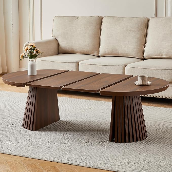 SSLine Extendable Coffee Table, 31.5"-55.1" Round to Oval Walnut Wooden Coffee Table with Fluted Base, 3 Adjustable Lengths, Space Saving Center Tables for Living Room Small Space