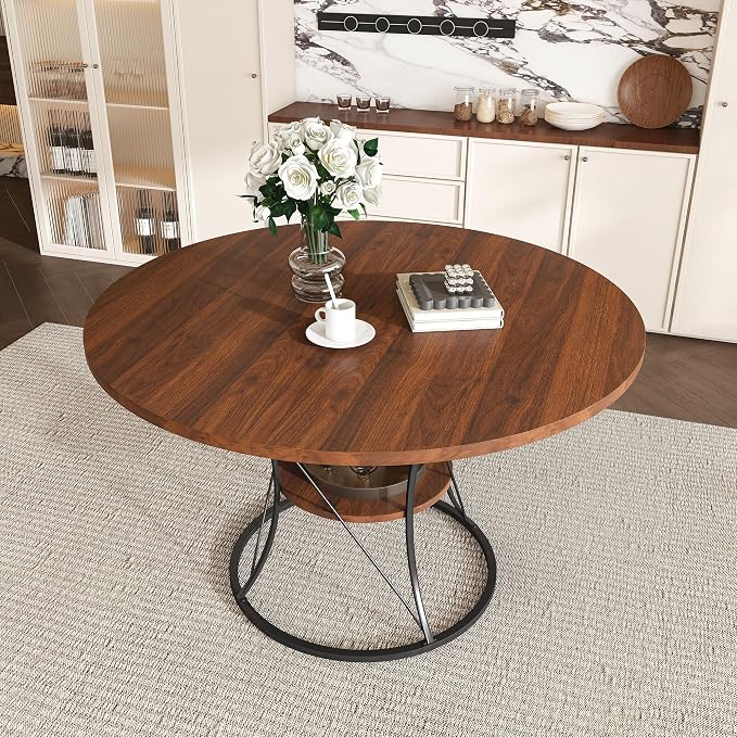 43"-59" Extendable Round Dining Table for 4-6,Mid Century Modern Walnut Wood Grain Table,Expandable Kitchen Table with Storage Shelf for Small Spaces