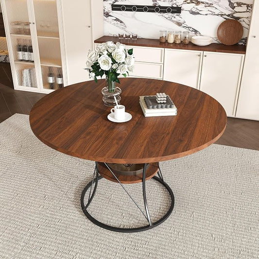 43"-59" Extendable Round Dining Table for 4-6,Mid Century Modern Walnut Wood Grain Table,Expandable Kitchen Table with Storage Shelf for Small Spaces