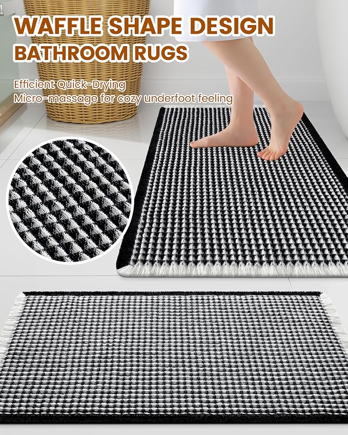 Smiry Waffle Bath Mat 24x16, Extra Soft Absorbent Bathroom Rugs, Non Slip Machine Washable Quick Dry Bath Rugs for Bathroom Floor, Tub, Shower, Home Decor Accessories, Black & Cream