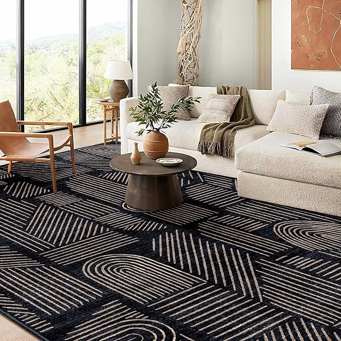 MUJOO 8x10 Washable Area Rug,Mid Century Modern Abstract Non Slip Low Pile Rug,Black and Gold Large Rug for Living Room Bedroom Dining Room