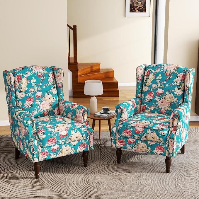 High Back Floral Accent Chairs Set of 2, Upholstered Armchair in Fabric, Retro Printed Wingback Arm Chair for Living Room, Nailhead Trim Single Sofa Bedroom Reading Seat - Peacock Blue
