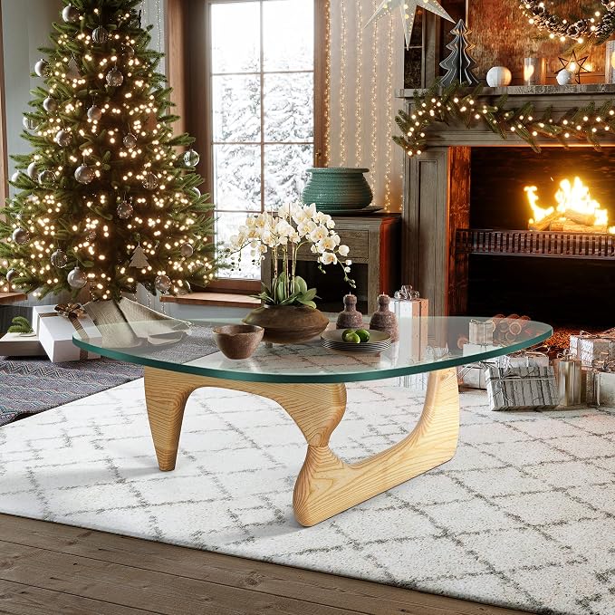 Triangle Glass Coffee Table, Mid-Century Modern Coffee Table, Solid Wood Base and Triangle Clear Glass Top Modern Table for Living Room, Office, Patio