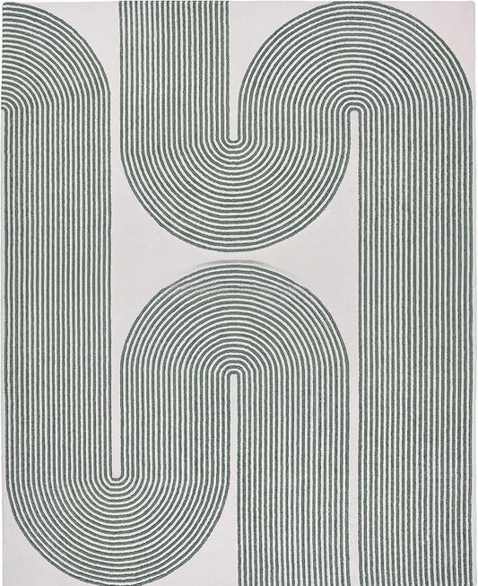 Modern Handmade Wool Area Rug, Abstract Curved Line Geometric Indoor Carpet for Living Room Bedroom, Contemporary Tufted Rug with Soft Pile and Cotton Backing (Sage Green, 6' x 9')
