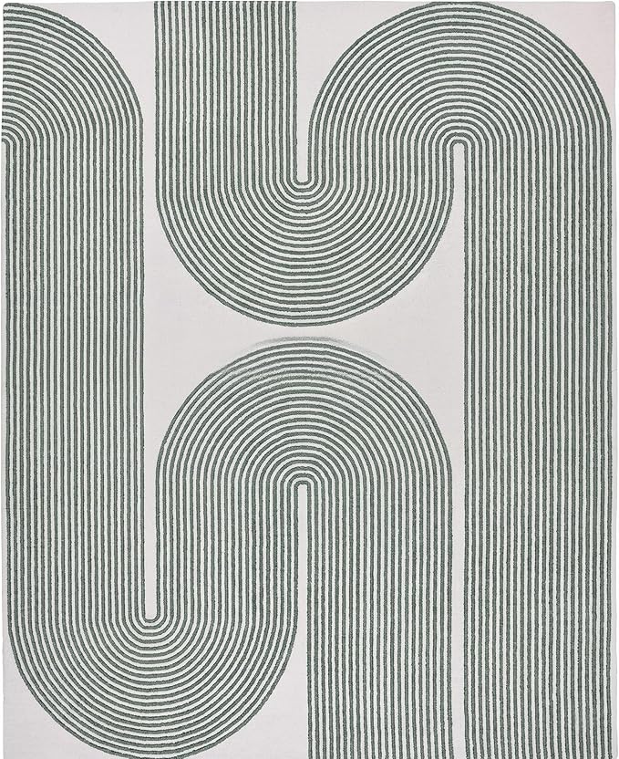 Modern Handmade Wool Area Rug, Abstract Curved Line Geometric Indoor Carpet for Living Room Bedroom, Contemporary Tufted Rug with Soft Pile and Cotton Backing (Sage Green, 8' x 10')