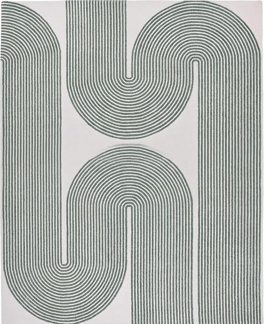 Modern Handmade Wool Area Rug, Abstract Curved Line Geometric Indoor Carpet for Living Room Bedroom, Contemporary Tufted Rug with Soft Pile and Cotton Backing (Sage Green, 9' x 12')