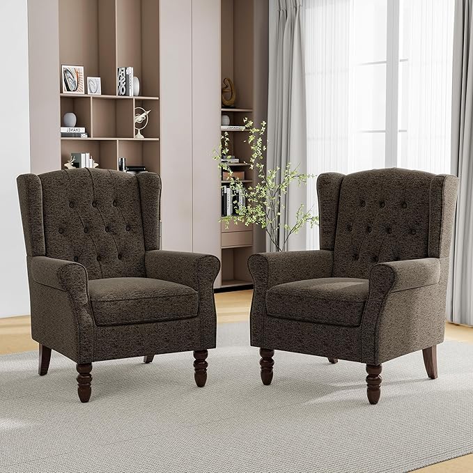 Pia Ricco Mid-Century Modern 2-Piece Wingback Chair Set - Plush Upholstered Accent Chairs with Solid Wood Legs, High Back Lounge Seating for Living Room, Bedroom & Office - Retro Matched Pair (Taupe)