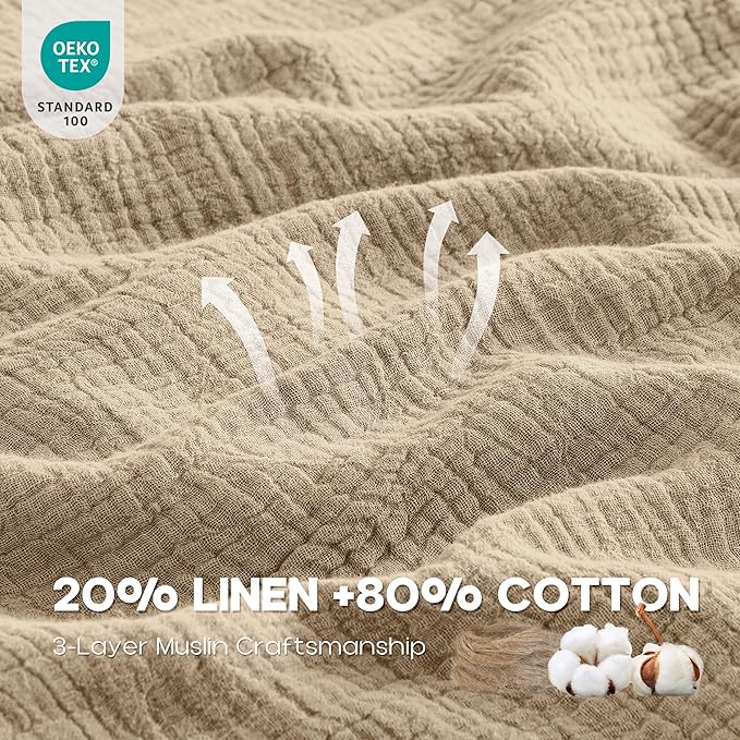 Simple&Opulence Linen Muslin Duvet Cover Set Queen Size, 3Pcs Camel Linen Cotton 3-Layer Gauze Minimalist Comforter Cover 88”x92”, Ultra Soft Breathable Seersucker Bedding Set with 2 Pillowcases