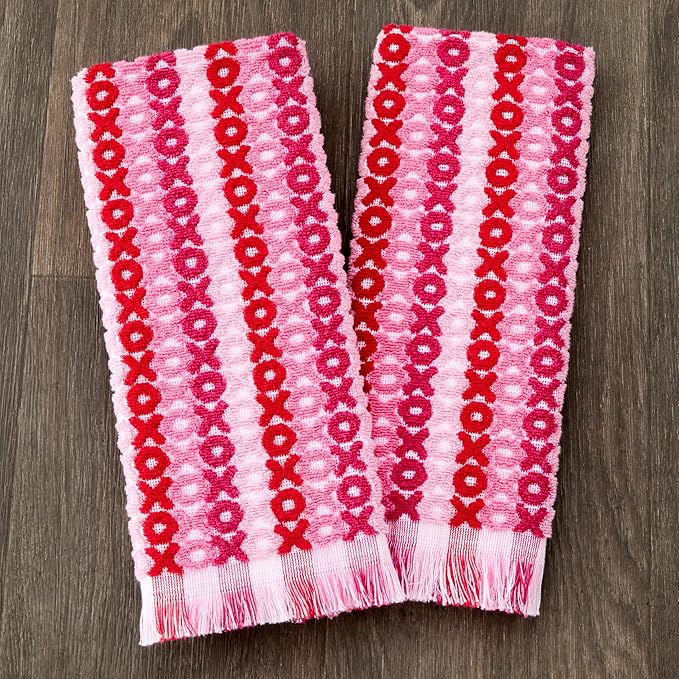 SKL Home Valentine's Day XOXO Jacquard 100% Cotton 2pc Hand Towel Set, Decorative for Bath/Kitchen/Bar & Gift, Pink