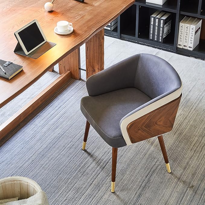ARTPLAN Dining Accent Chair,Modern Faux Leather with Walnut, Mid Century Eucalyptus Upholsted Retro Arm Chair, Metal Legs Dissassembly Adjustable Foot for Kitchen Dining Room,Grey