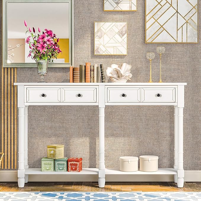 Merax Retro Console Table Sofa Table for Entryway with Drawers and Shelf Living Room Table (White)