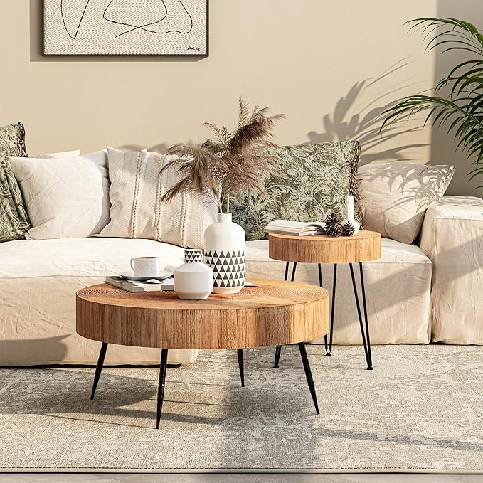 LONYKE 2-Piece Modern Farmhouse Living Room Coffee Table Set, Nesting Table Round Natural Finish with Handcrafted Wood Ring Motif, Light Red + Wood Color
