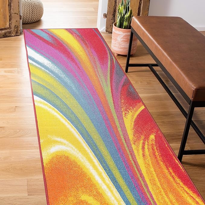 Rugshop Multi Waves Non Slip Modern Abstract Runner Rug Fade Resistant for Hallway, Entryway and Kitchen, 2' x 10'
