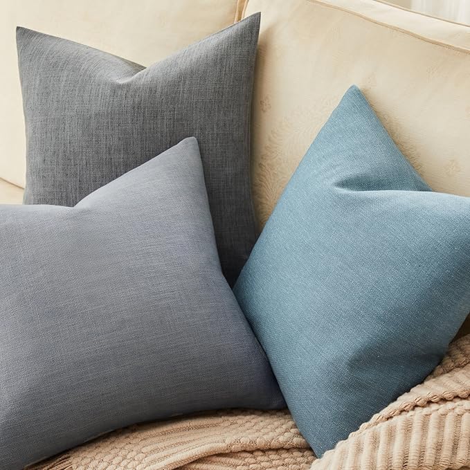 ZeeMart Rustic Cotton Linen Throw Pillow Covers Set of 2, 22x22 Inch River Blue, Farmhouse Style Decorative Couch Pillow Cases Cushion Covers for Sofa Bed Living Room Home Decor