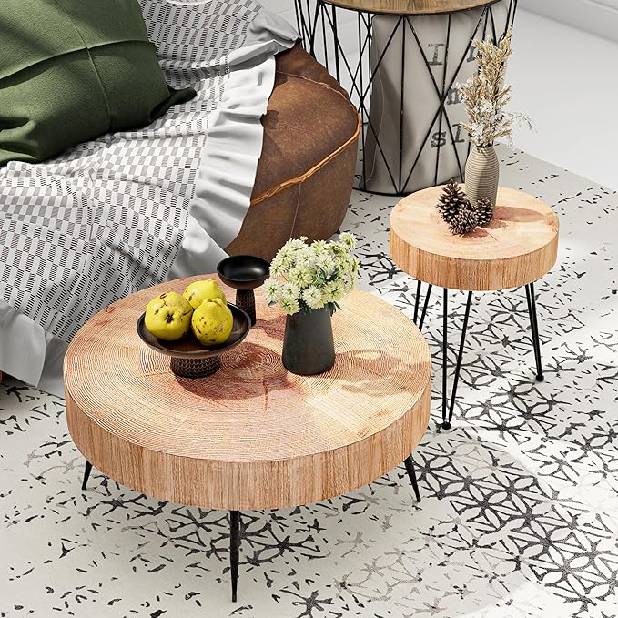 LONYKE 2-Piece Modern Farmhouse Living Room Coffee Table Set, Nesting Table Round Natural Finish with Handcrafted Wood Ring Motif, Light Red + Wood Color