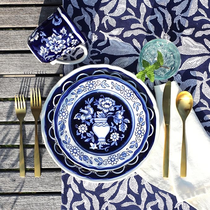 Euro Ceramica Blue Garden 16 Piece Oven Safe Hand Painted Stoneware Dinnerware Set, Service for 4, Bold Vase Design/Floral Pattern, White and blue