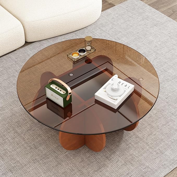 31.5'' Round Glass Coffee Table, Mid Century Modern Cocktail Table with Tempered Glass Top, Sturdy Wood-Inspired Base for Living Room, Small Spaces, Home Office – Easy Assembly (Brown + Brown)
