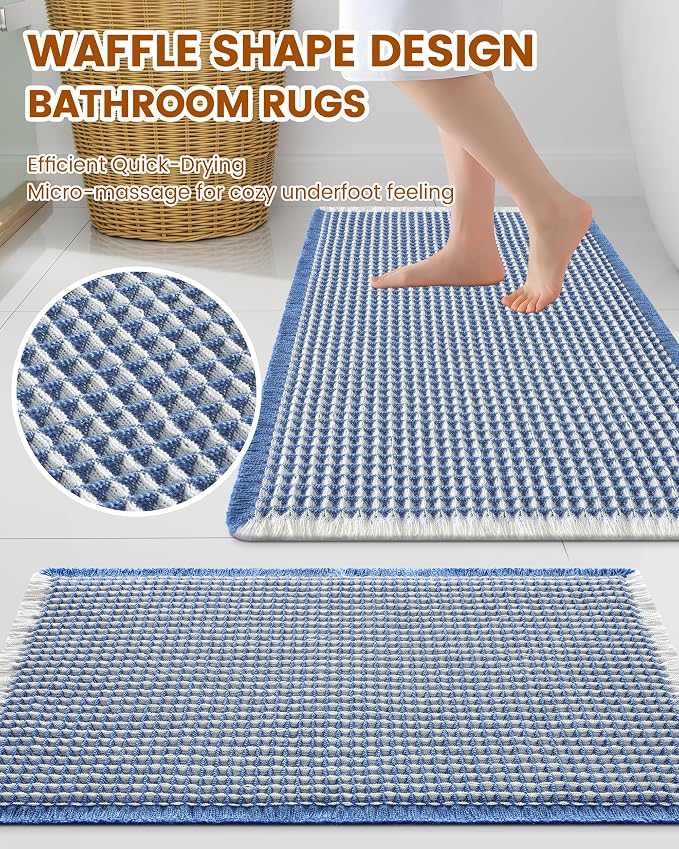 Smiry Waffle Bath Mat 30x18, Extra Soft Absorbent Bathroom Rugs, Non Slip Machine Washable Quick Dry Bath Rugs for Bathroom Floor, Tub, Shower, Home Decor Accessories, Blue & Cream