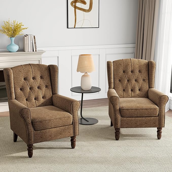 Mid-Century Modern Wingback Chair - Plush Upholstered Accent Armchair with Solid Oak Legs, Ergonomic High Back Lounge Chair for Living Room, Bedroom & Office - Retro Modern Reading Chair Creamy Brown