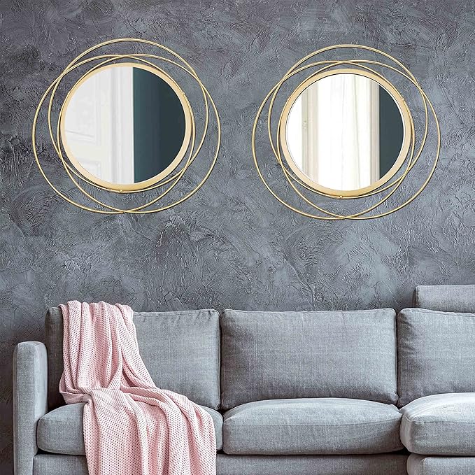 2 Set Circle Mirrors for Wall Decor for Living Room Bedroom Bathroom Entryway Metal Round Mirror Decorative Hanging Mirrors Sun Bohemian Geometric Accent Sculpture -Gold 15.7 in