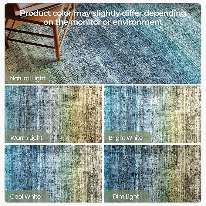 Kokia Abstract Teal Area Rugs 10x14 Bedroom Washable Decor Low Pile Non-Slip Non-Shedding Indoor Carpet Foldable Stain Resistant Floor Living Room Dining Room, Blue and Green