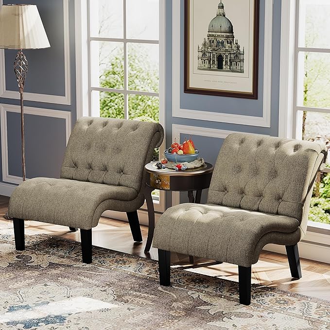 Accent Chairs Set of 2 Modern Armless Living Room Bedroom Side Chairs Button Tufted Upholstered Leisure Chair with Wood Legs