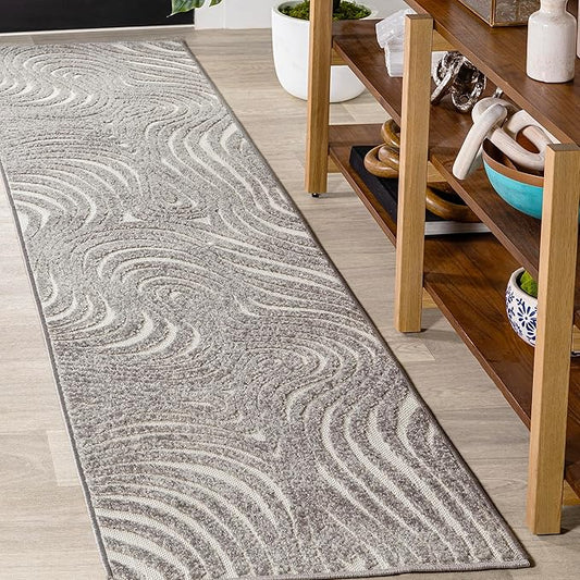 JONATHAN Y Maribo High-Low Abstract Striped Gray/Ivory 2x10 Indoor/Outdoor Runner Rug, Pet Friendly, Non-Shedding, Stain Resistant, Easy-Cleaning for Backyard, Patio (SCN103B-210)