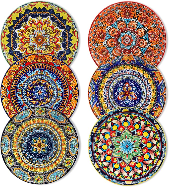 vancasso Colorful Dessert Plates Set of 6, 8.5 Inch Ceramic Salad Plates, Boho Small Dinner Plates, Bohemian Printed Kitchen Plate for Breakfast, Microwave & Dishwasher Safe Dishes, Series KRVI