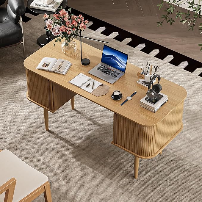 MAISONARIA 55" Modern Writing Desk with Storage, Wood Home Office Desk with Sliding Doors, Computer Desk for Home Office, Dorm, Living Room, Home Study Table, Natural