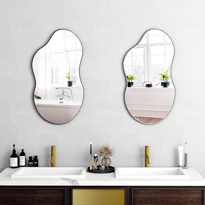 SHYFOY Irregular Decorative Wall Mirror, 20"x36" Black Asymmetrical Mirrors with Metal Frame for Wall Decor, Wavy Wall Mirror for Living Room Abstract Mirror